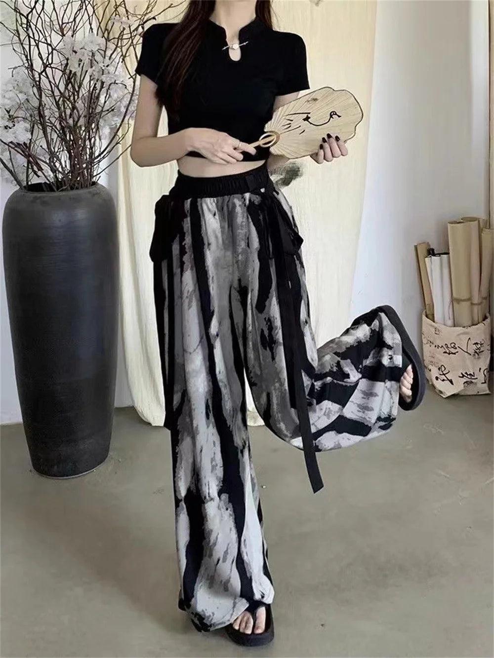 Pantaloni Plissettati Larghi Floreali