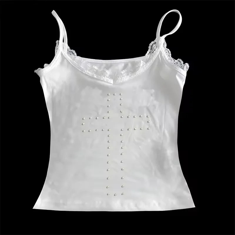 Canotta da Donna con Croce di Strass in Slite Y2K