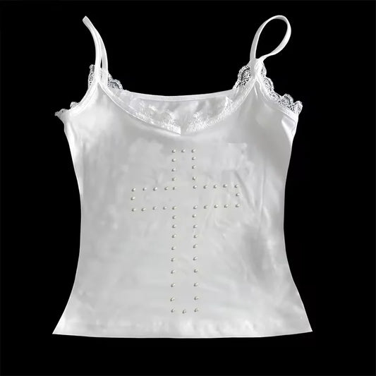 Canotta da Donna con Croce di Strass in Slite Y2K