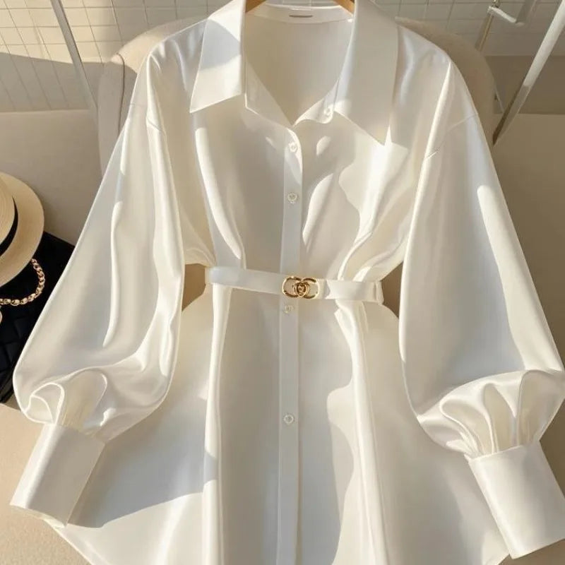 Blusa Elegante con Maniche a Lanterna e Cintura da Donna
