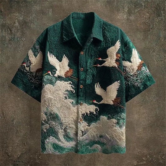 Camicia a Maniche Corte Casual da Uomo con Stampa a Gru Giapponese